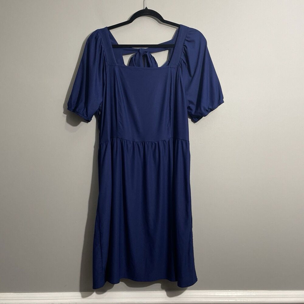 Ofeefan Women's Blue Puff Sleeve Dress XL Square Neck Tie Back A-Line Midi Dress